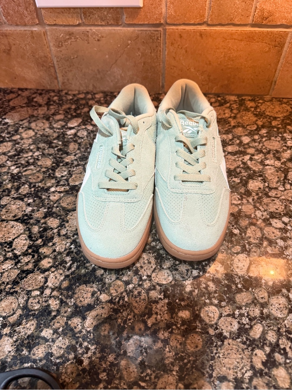 Reebok Women’s Mint Green Suede Sneakers with White Stripe and Gum Sole - Picture 2 of 8